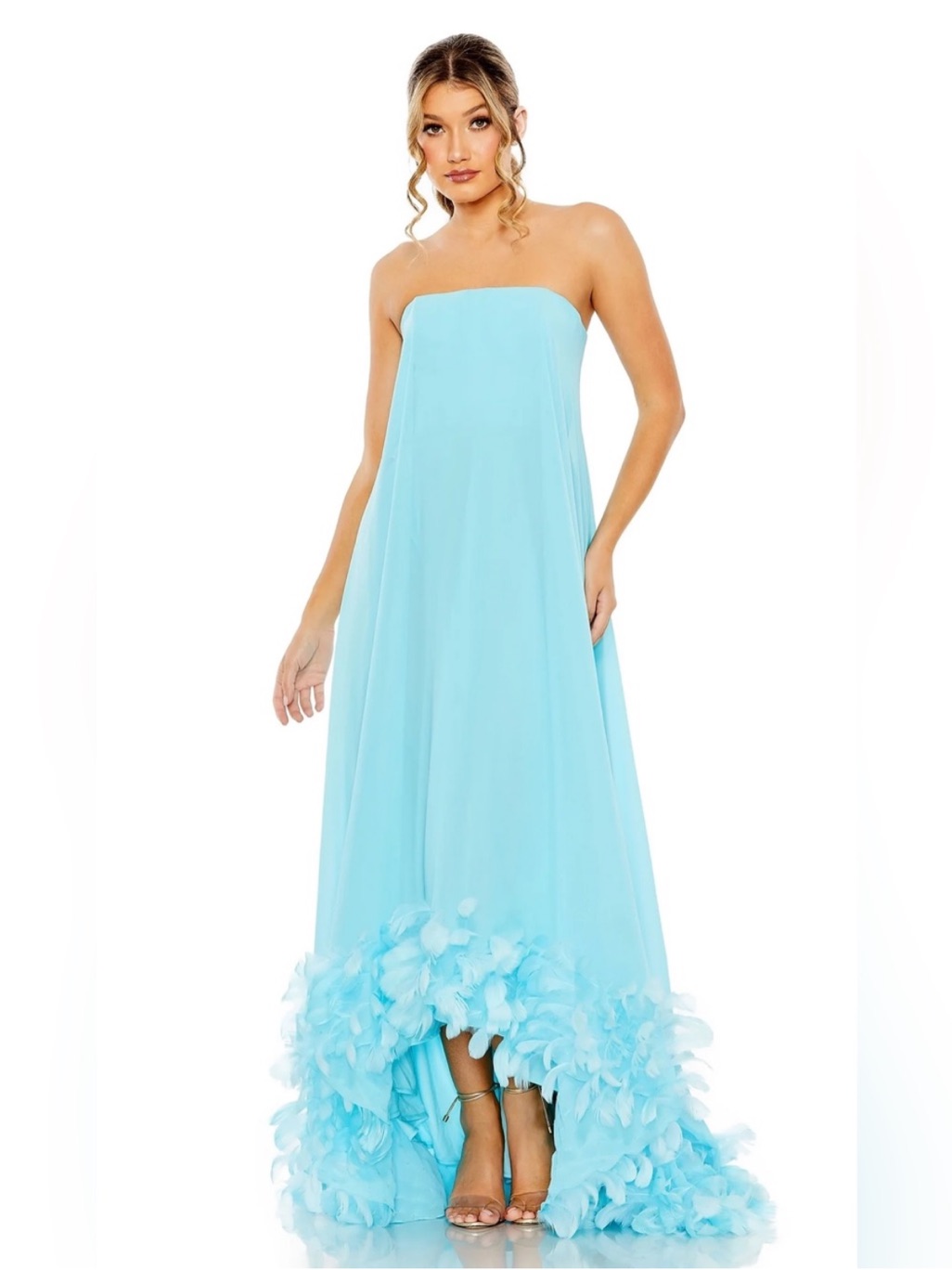 Mac Duggal 13001 Strapless Flare Feather Hem Gown In Aqua Sz 8